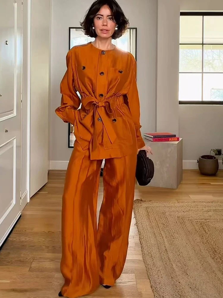 TFMLN Fashion Casual Pocket Shirt Pant Set For Ladies Solid Color Long Sleeve Jacket With Belt Spring Autumn Safari Style Set