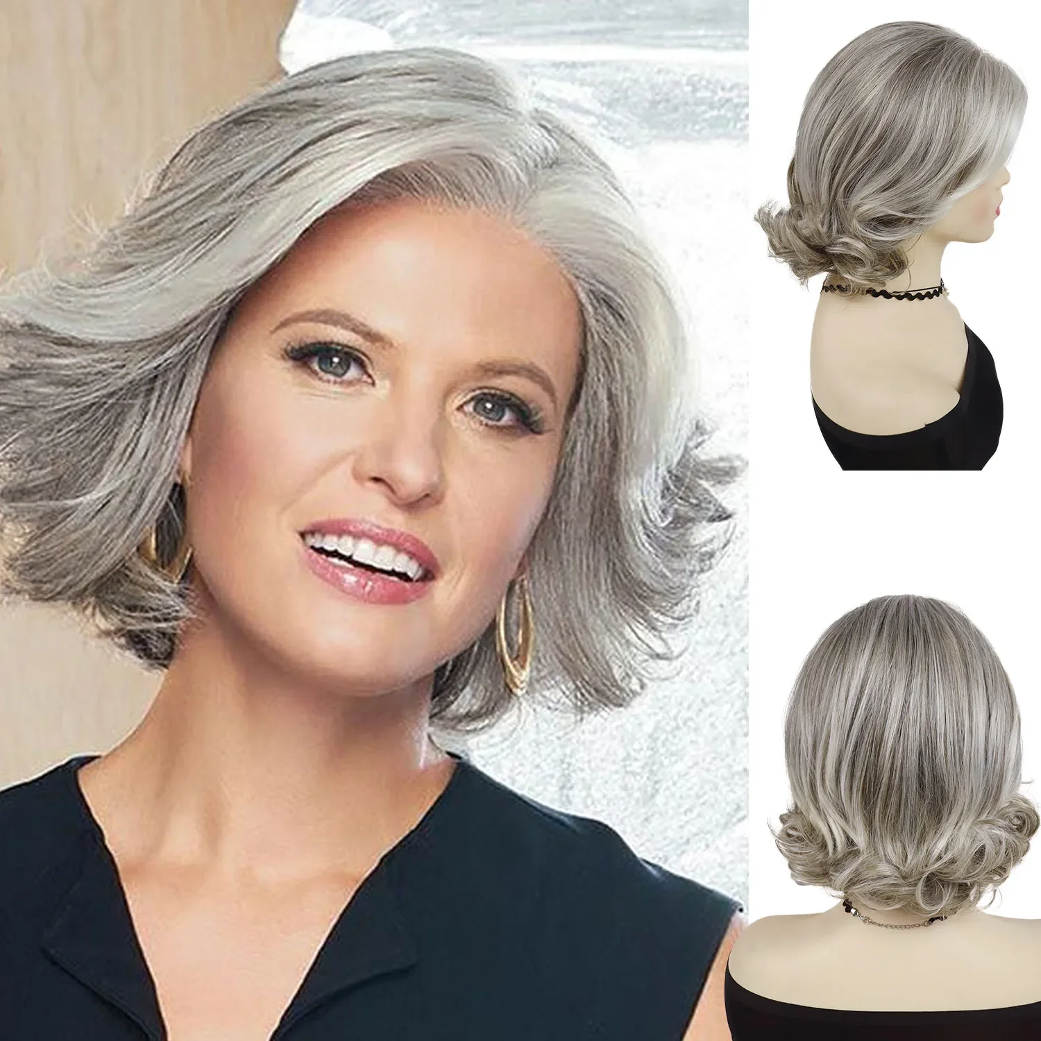 Synthetic Short Grey Wigs for Women Curly Hair Mixed White Bangs Fluffy Frizzy Design on Top Older Ladies Granny Old Lady Wigs