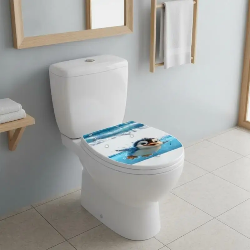 Waterproof Toilet Sticker Adorable Cartoon Penguin Seagull Underwater Print DIY Decal for Bathroom Toilet Lid Decor