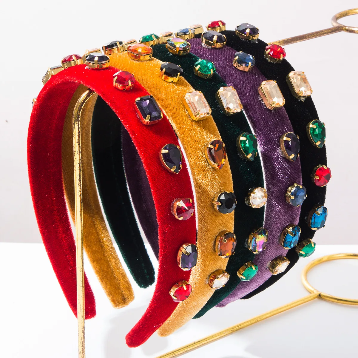 New European and American Retro Colored Glass Diamond 3cm Wide Headband Luxury High-End Versatile Hair Accessory Velvet Headband