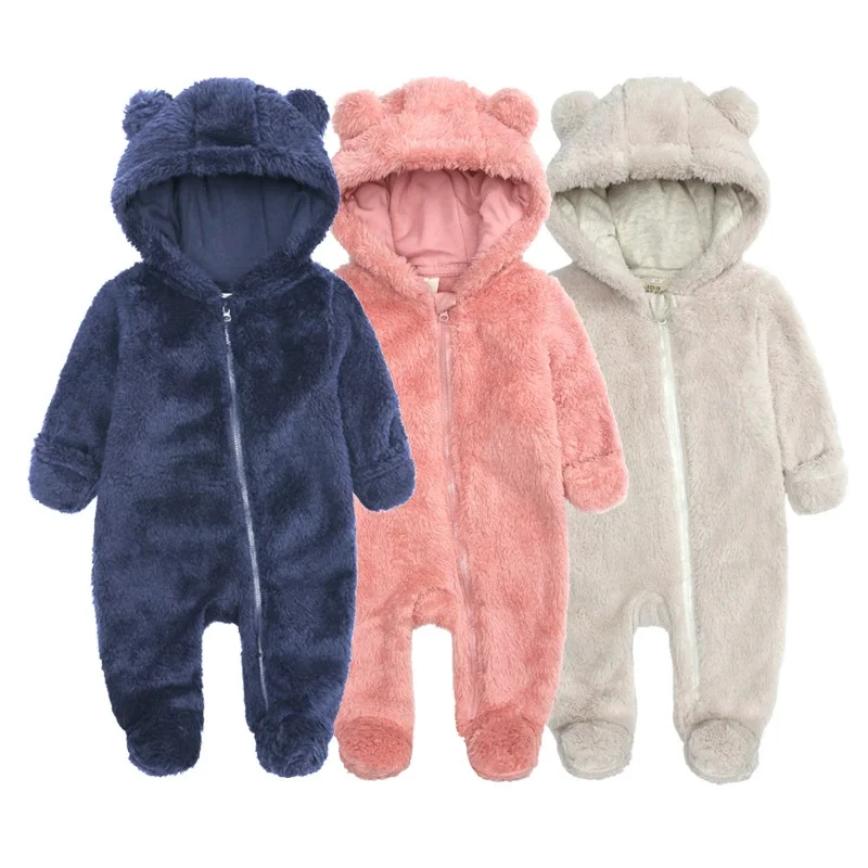 

0-24M Baby Rompers Infant Clothes Winter Newborn Baby Boy Girl Zipper Bodysuit Bear Fleece Hooded Pyjamas