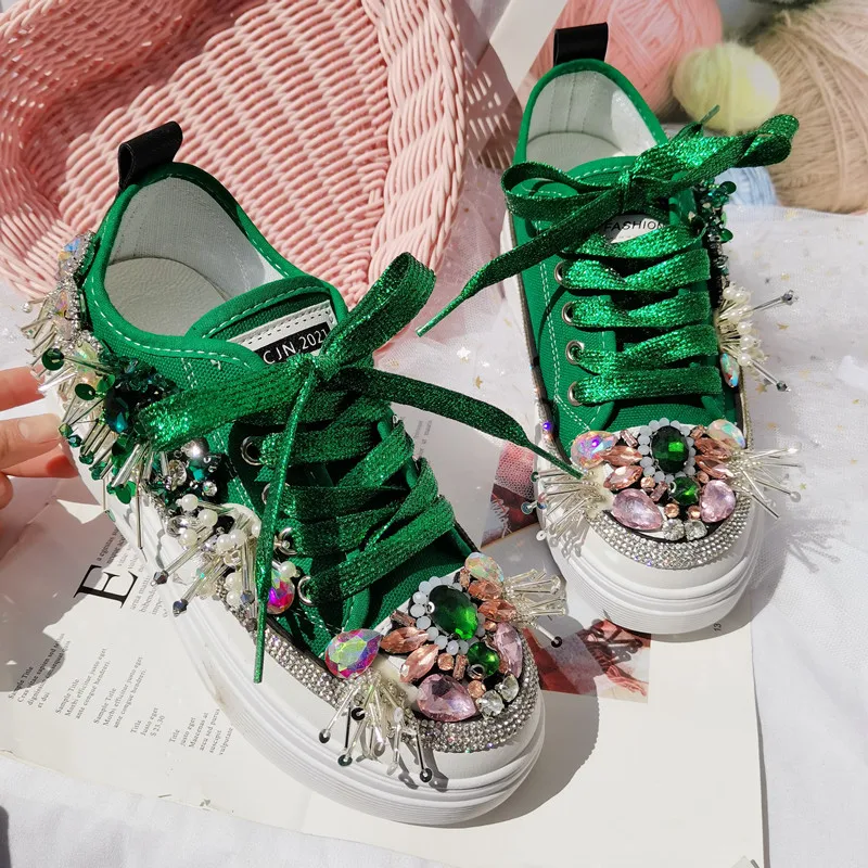 Colorful Rhinestones Women Platform Sneakers 2022 Green Canvas Bling Crystal Bridal Wedding Shoes Tassel Casual Vulcanized Shoes