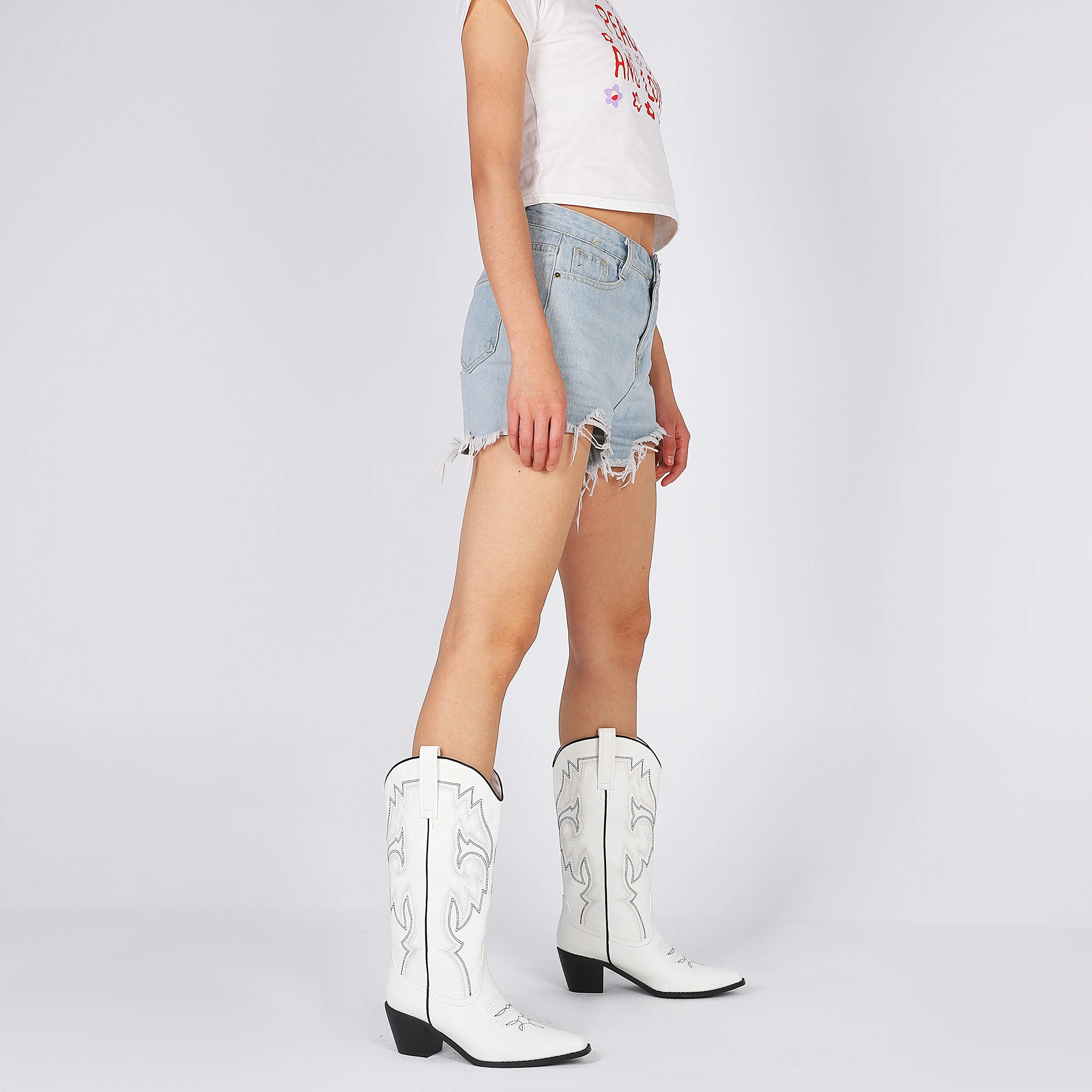 GIGIFOX-خمر منتصف الساق رعاة البقر أحذية للنساء ، وأشار اصبع القدم ، مكتنزة الكعب الأحذية الغربية للسيدات ، مربع ، مطرزة