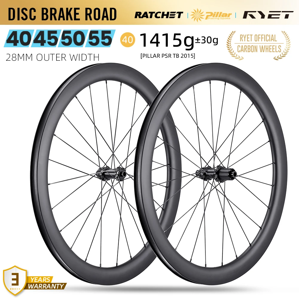 Jeu de roues en carbone RYET Tubeless Clincher pour vélo de route, moyeux de frein à disque, roues à rayons Pillar, jantes de vélo 2015, accessoires de cyclisme