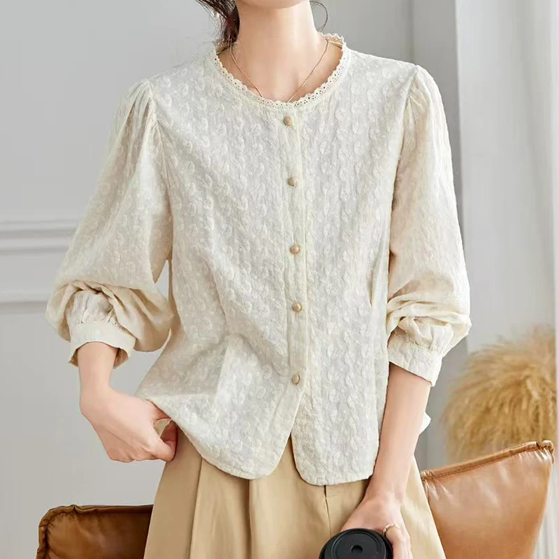 

Хлопковые кружевные рубашки с круглым вырезом, женские топы с длинными рукавами, однобортные рубашки-фонарики, элегантные офисные женские белые рубашки, блузки