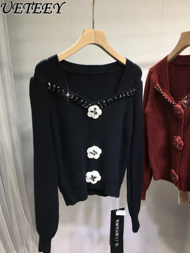 Heavy Industry Beaded Square Neck Long-sleeved Sweater Women's Thickened Celebrity Short Autumn Winter Knitted Cardigan