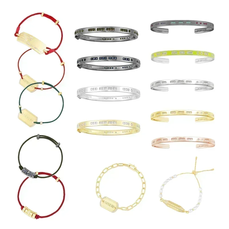 

RP S925 Sterling Silver Gold Moss Code Nylon Rope Square Hanging Tag Bracelet Fashion Versatile Women's Jewelry