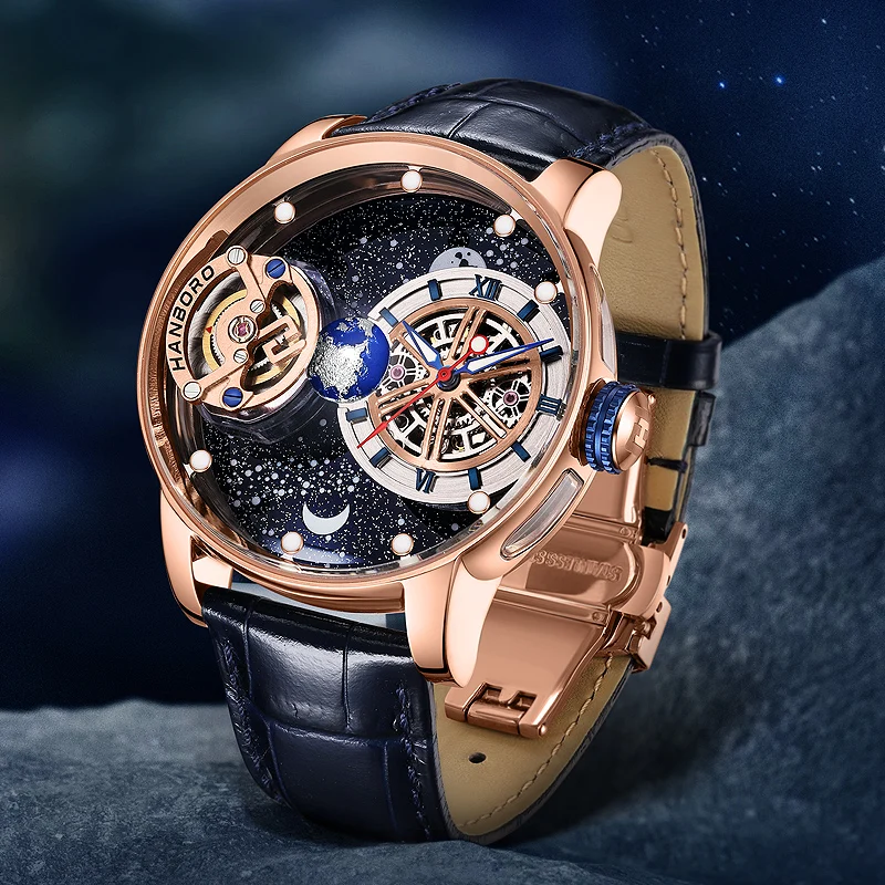 HANBORO Man Starry Sky Watch For Men Luxury Celestial Mechanical Wristwatches Earth Theme Design Automat Man Watch Clock 2024