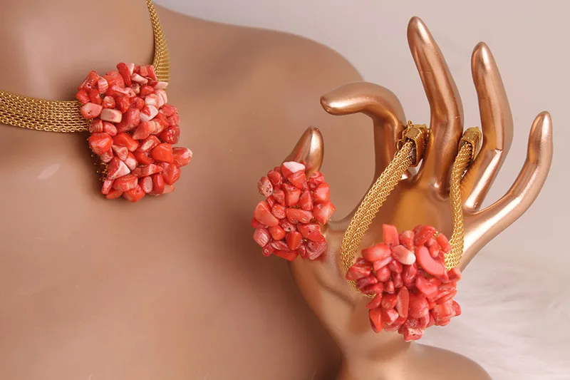 4ujewelry  Nature Coral African Jewelry Set With Hat Ring Earrings Bracelet Necklace 5 Pieces