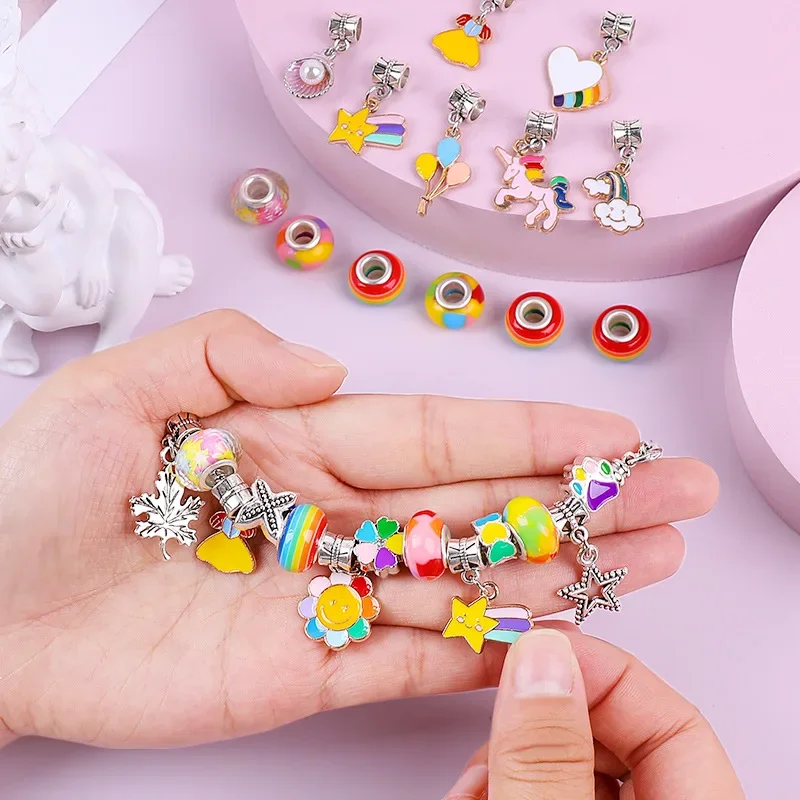 Ensemble de bracelets de perles avec boîte de rangement, cadeau pour filles, perles européennes en acrylique à grand trou, Kit de fabrication de bijoux faits à la main, jouets