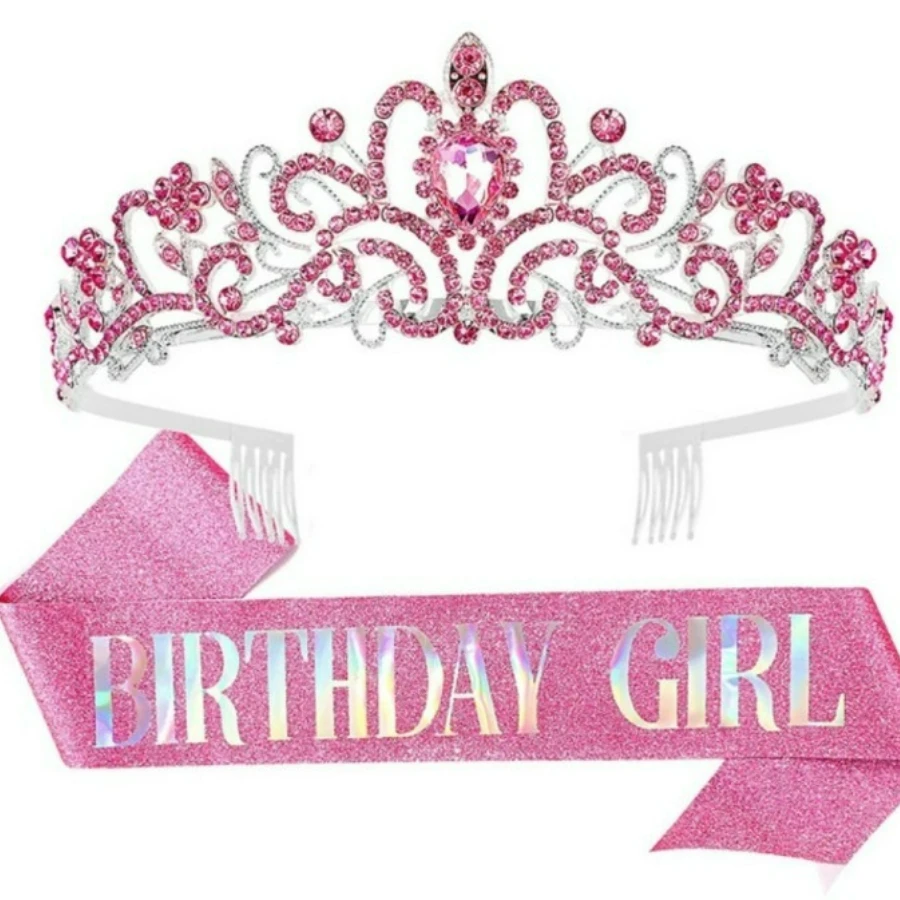 2-teiliges Set Glitzernde Strass-Kristall-Krone Tiara Geburtstagsmädchen Schärpe Krone für Frauen Mädchen Geburtstagsparty Dekorations-Set – Detail 4