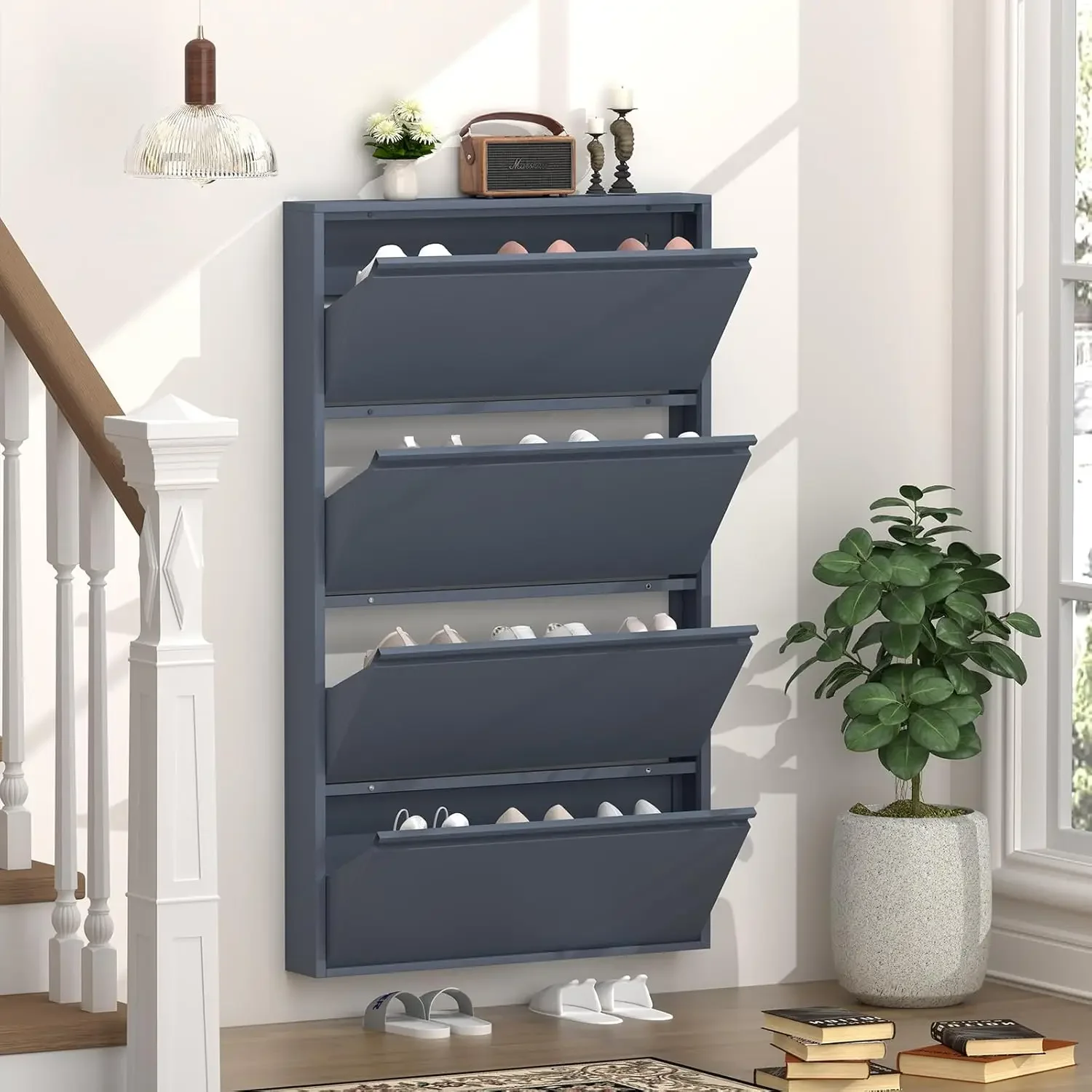Shoe Cabinet with 4 Flip Drawers, Slim Metal Shoe Cabinet Storage for Entryway, Hidden Narrow Shoe Rack Organizer Cabinets Wall