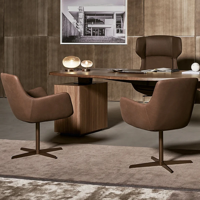 High-quality Furniture Custom Factory OEM/ODM Brown Leather Armchair Office Chair with Pulleys 360° Swivelling