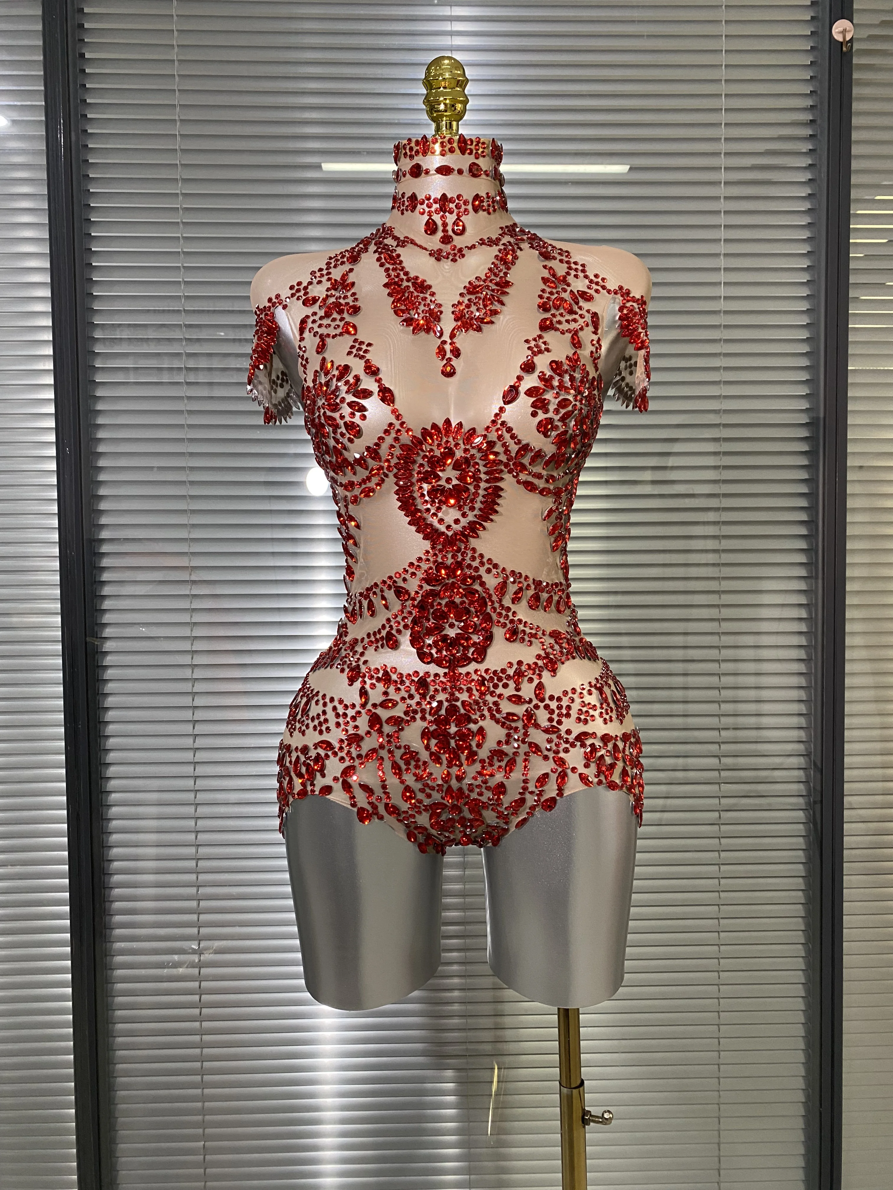 

Women Sexy Sparkly Red Crystals Mesh See Through Bodycon Bodysuit Birthday Party Nightclub Performance Costume