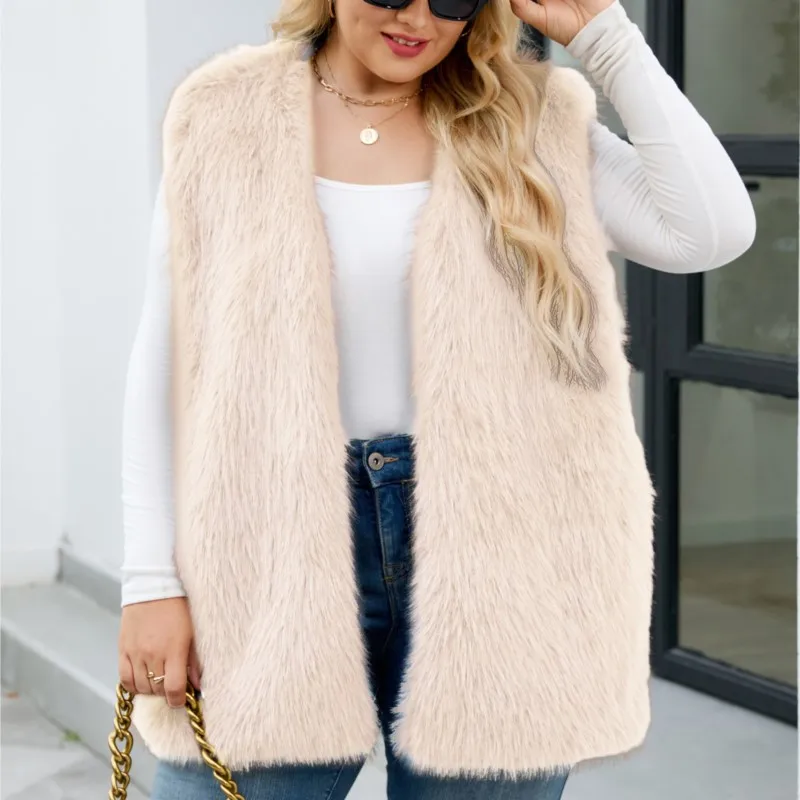 

2025 зимний утепленный теплый жилет свободного размера, куртки без рукавов с мехом, пушистые длинные пальто, верхняя одежда, женский жилет из искусственного меха с v-образным вырезом в стиле ретро
