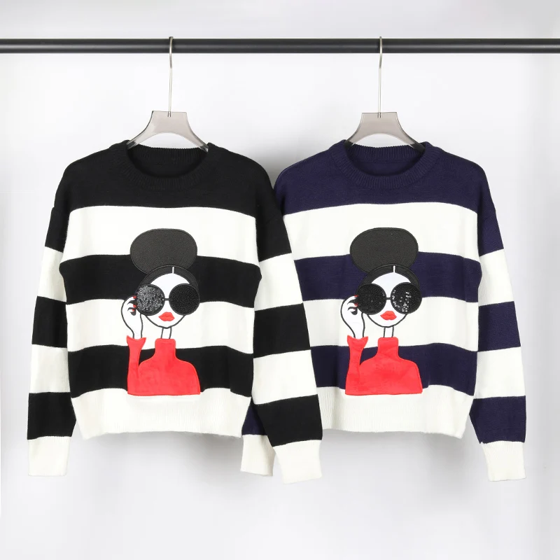 Embroidered Alice Olivia Knit Pullover Sweater Contrast Long Sleeves Knitwear Fashion Aesthetic Top Autumn Winter Women Clothing