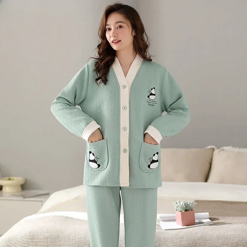 Women Thickened Pajamas Autumn Winter Female Long Sleeve Simple Cardigan Homewear Suit Casual Large Size V-neck Sleepwear 2024