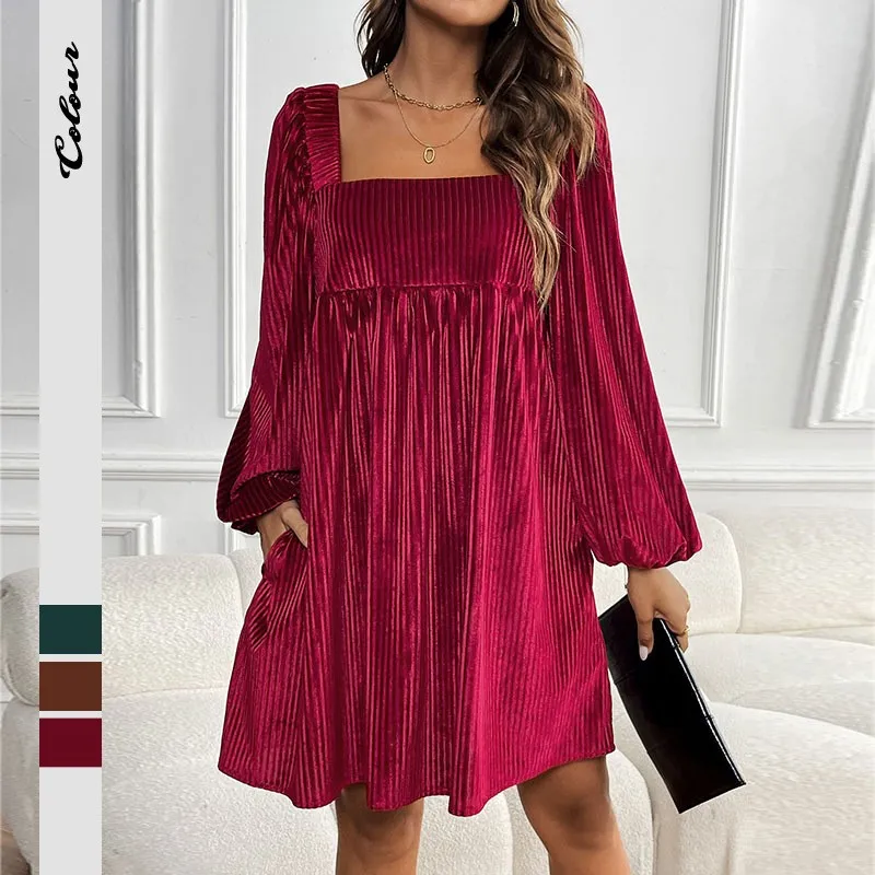 Women's Long Dress Square Neck Patchwork Midi A Line Puff Sleeve Evening Dress Pleated Fabric Back Tie Detail Velvet Dress
