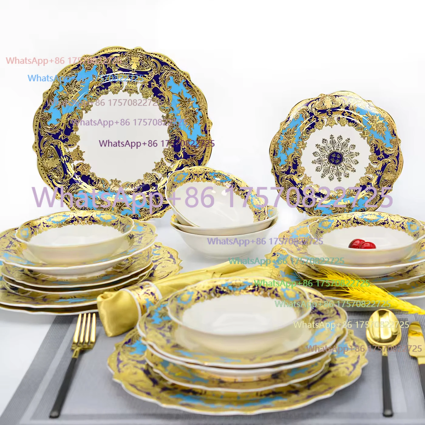 Quick Shipping Colorful Festival Golden China Flower Shape Special 24pcs Top Sale Plates and Bowls Set Dinnerware Sets