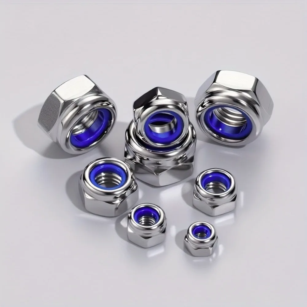 M3-M20 SUS 201 304 316 Stainless Steel Nylon Anti-Slip Self-Locking Nuts DIN985 Nylon Embedded Nuts Hexagonal Screw Caps Set