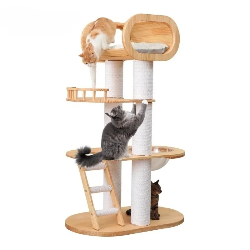 

Cat climbing tower, made of sturdy solid wood, featuring a soft hammock, indoor pet accessories, and a climbing frame