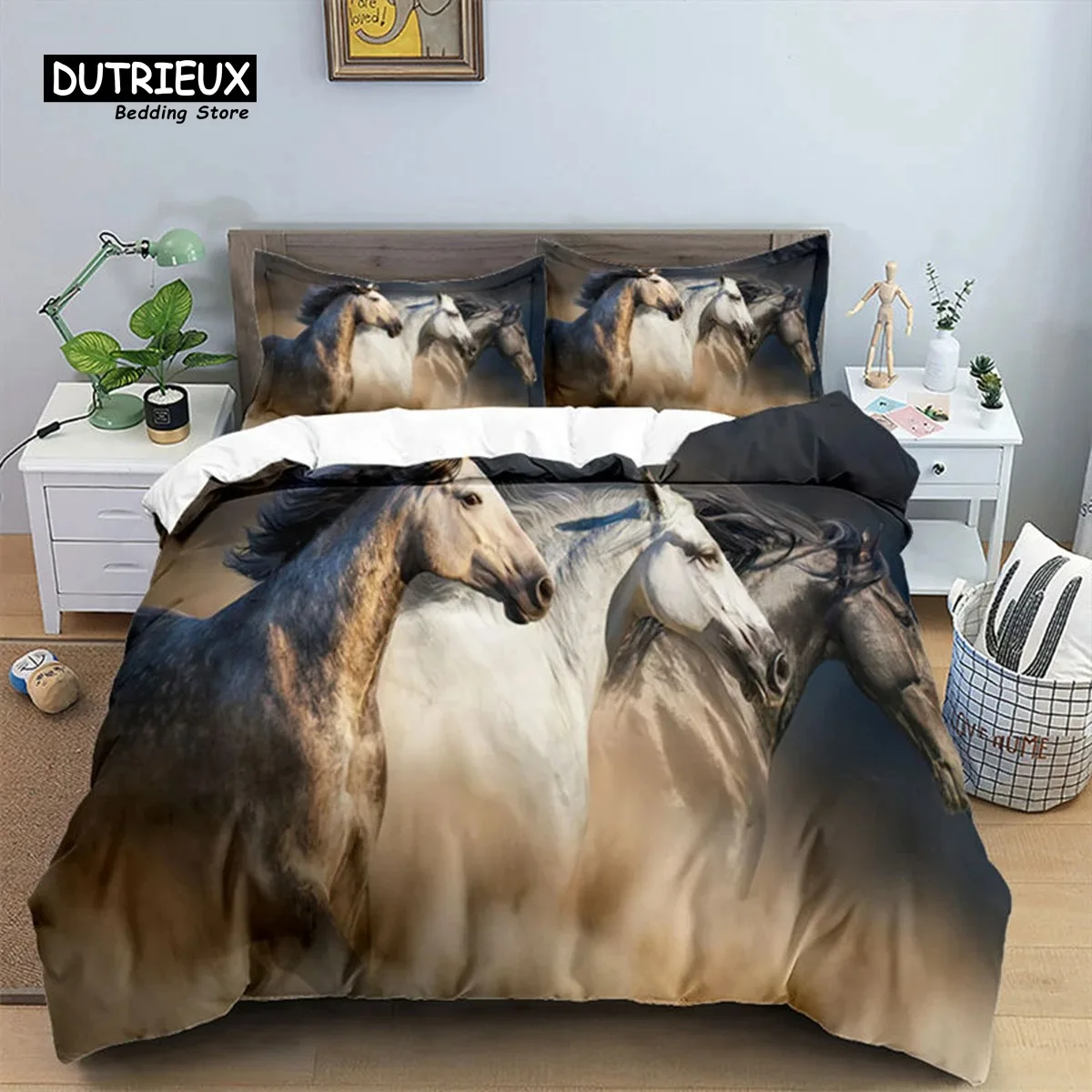 Horse Comforter Cover Set For Kids Toddler Farm Animal Pattern Bedding Set Boys Girls 3 Piece Farmhouse Cowboy Duvet Cover Set