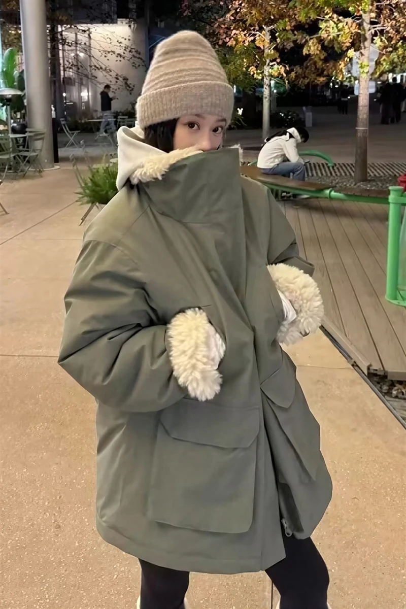 Parkas Womens Longues Autumn Blended Flannel Cropped Asymmetric Fitted Lace-Up Waist-Cinching Tied Pleated O-Neck Slimming Solid