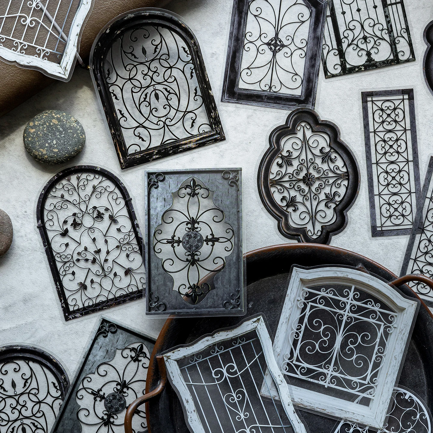 Wrought Iron Flower Window Pet Journal Stickers, High Aesthetic Value, Instagram-Style Window Scenery Border DIY Decorative Stickers