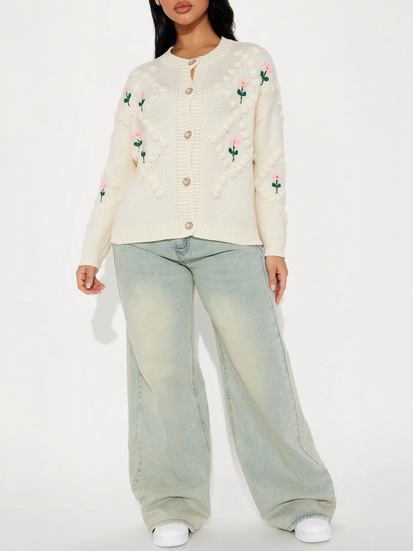 سترة نسائية مزهّرة بأكمام طويلة ورقبة على شكل حرف V وصدر واحد لطيف كاجوال للخريف والشتاء ملابس يومية مفتوحة من الأمام تريكو