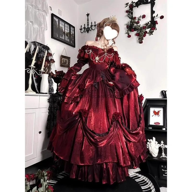 

Women Dress Battle Robe Dove Blood Red Flower Wedding Lolita Dress Western Dress Rose Heavy Industry Pong Princess Dress