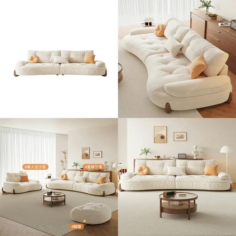 Modern Cream Curved Fabric Sofa Solid Wood Frame Marshmallow Puff Straight Row Cat Scratch Resistant Living Room Furniture