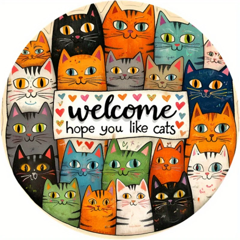 Panneau de bienvenue en bois 2026, motif chat vintage, pour les amoureux des chats, décoration murale ronde, décor animalier coloré et amusant pour la maison, le jardin et la chambre d'enfant