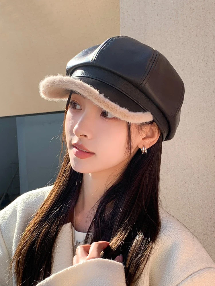 New Retro Winter Pu Leather Beret Women High Quality Solid Octagonal Boinas Cap Fashion Ladies Outdoor Casual Hat Newsboy Caps