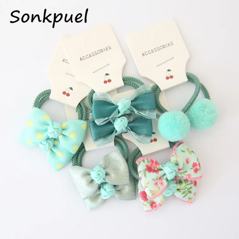 10Pcs/Set Floral Bow Baby Hair Rope Elastic Solid Color Pompom Child Hair Tie For Girls Cartoon Dot Plaid Print Kid Rubber Band