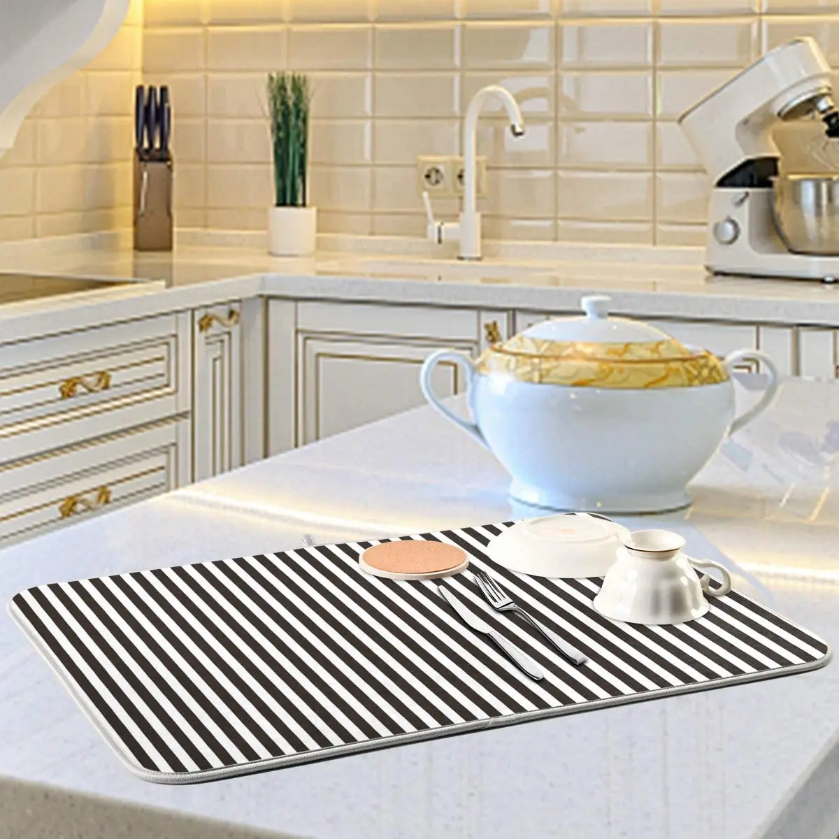Black Striped White Dish Drying Mat for Kitchen Absorbent Microfiber Drying Pad Dish Mat 24\