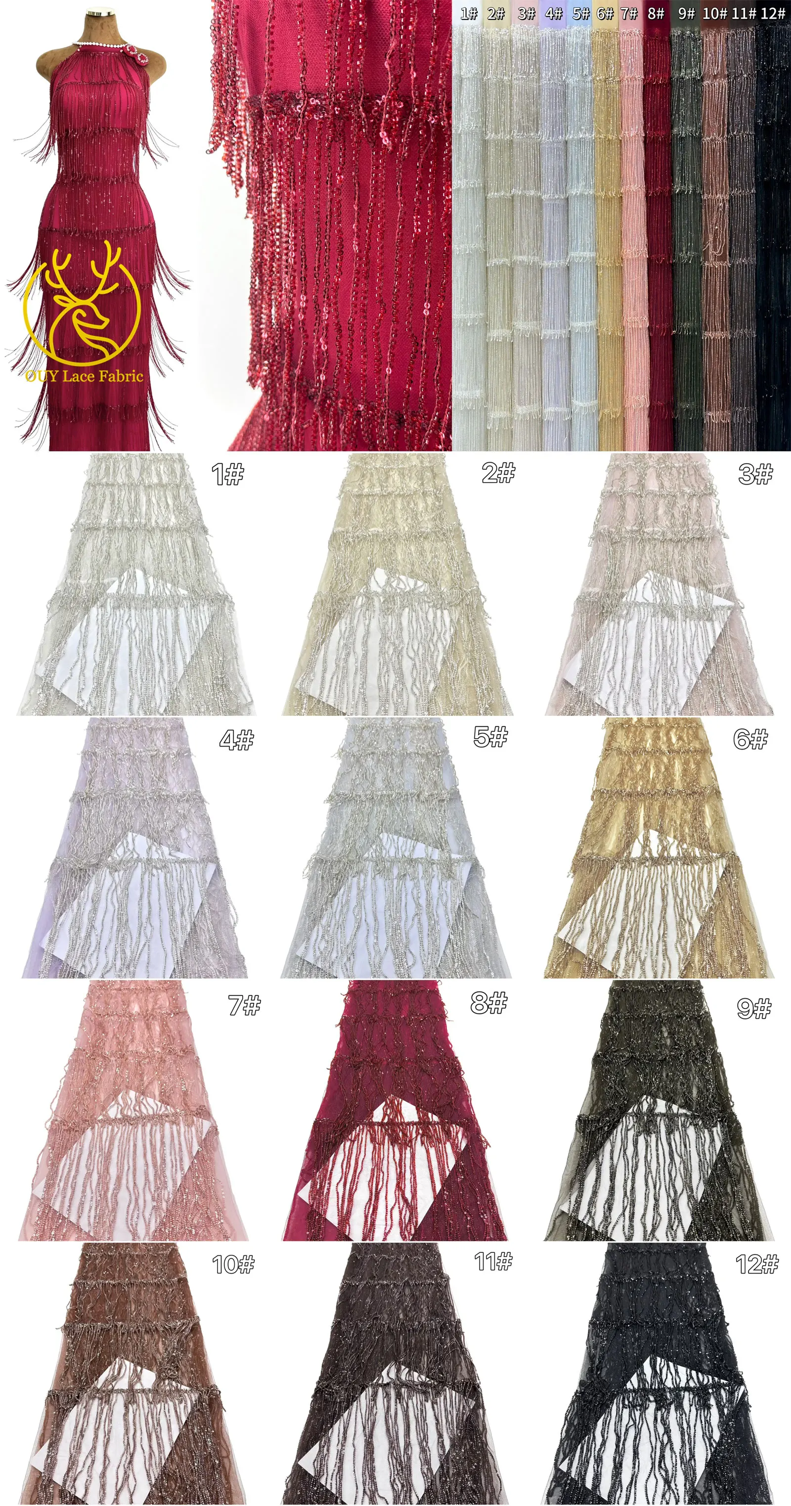 Weinroter nigerianischer 3D-Quasten-Perlen-Spitzenstoff, französischer Pailletten-Tüll-Spitzenstoff, afrikanischer Spitzenstoff für Damen, Hochzeitskleid, Nähen – Detail 3