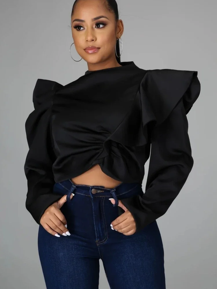 Women Long Sleeve Crop Top Big Size Zipper Ruffle Blouse Shirt Vintage Puff Sleeve Tops Goth Fashion Spring Fall Party Office