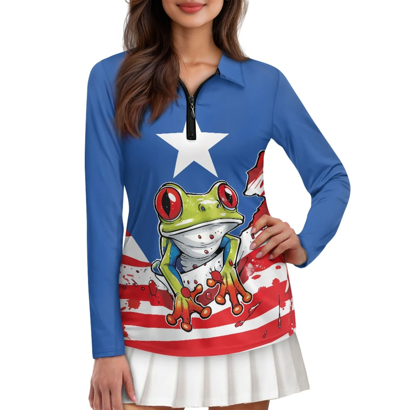 PENSTROLL Frog Flag Womens Plus Size Golf Clothes Quarter Zip Golf Polos Shirts for Casual