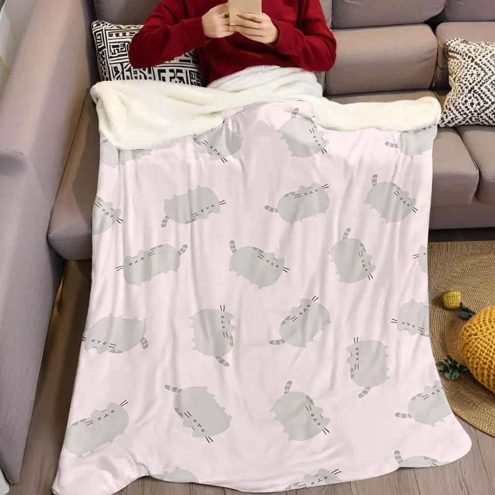 Pusheen Cat Pink Background Flannel Blanket Warm Soft Halloween Christmas Decorative Couch Warm Cozy All-Season Gift