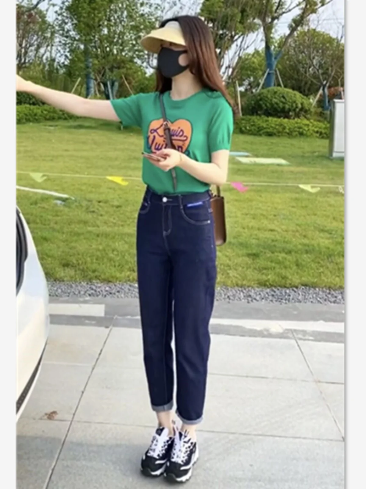 

Ice Silk Short Sleeve T-Shirt High Waist Skinny Nine Points Jeans Set Women's Casual Slimming Two-Piece Summer New Style