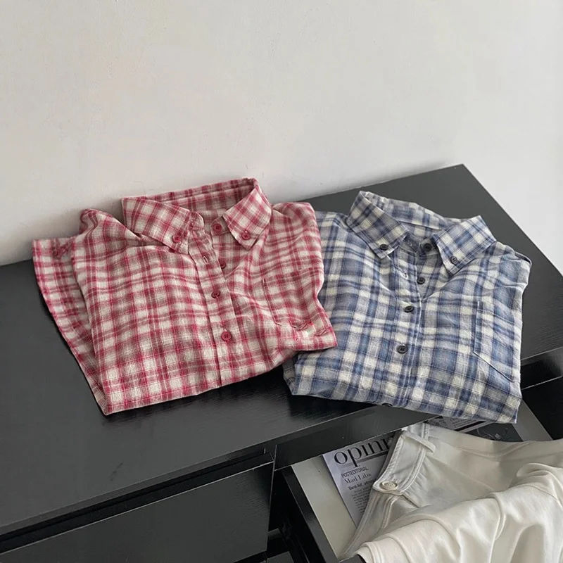 

Women Autumn Loose Plaid Shirts Turn Down Collar Loose Long Sleeve Korean Casual Tops