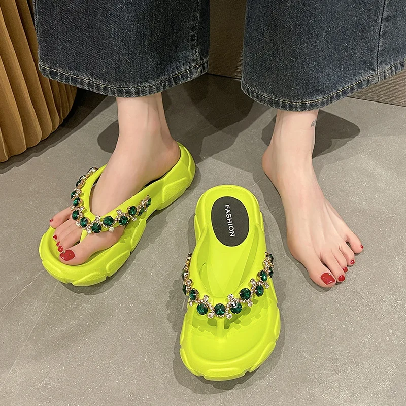 Women's Summer Flip Flops Luxury Rhinestone Thick Soled High Heels Beach Shoes Platform Anti-skid Light Soft Lady Slippers