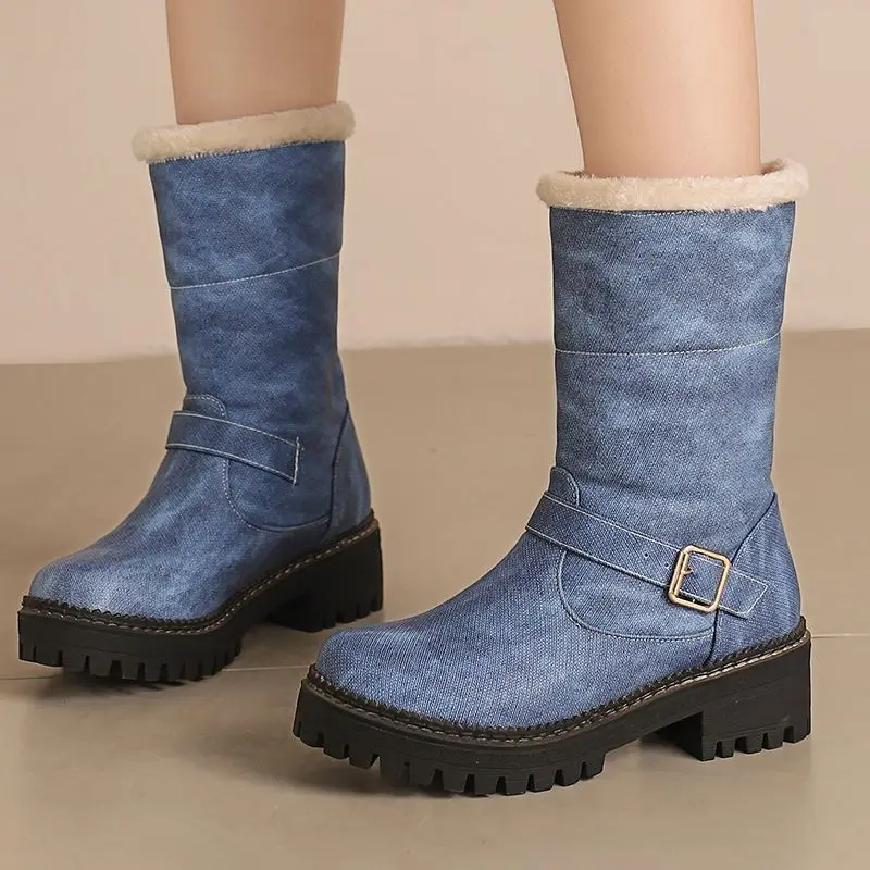 ASILETO Winter Warm Boots for Women Round Toe Block Heels 5cm Platform Belt Buckle Big Size 42 43 Casual Daily Booties image 4