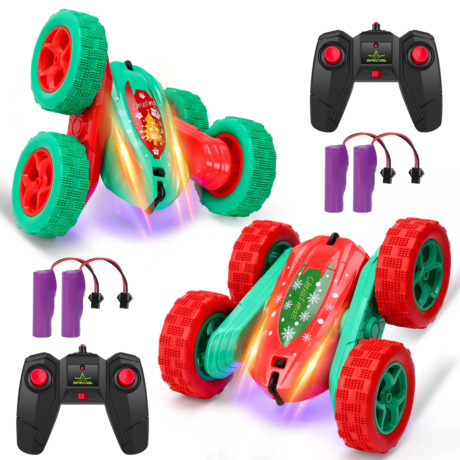 2PACK Remote Control Car RC Stunt Car for Kids,2.4Ghz High Speed Rock Crawler Vehicle,360 Rotating 4WD Off Road Double Sided Rotating Tumbling with 4 Rechargeable Battery.