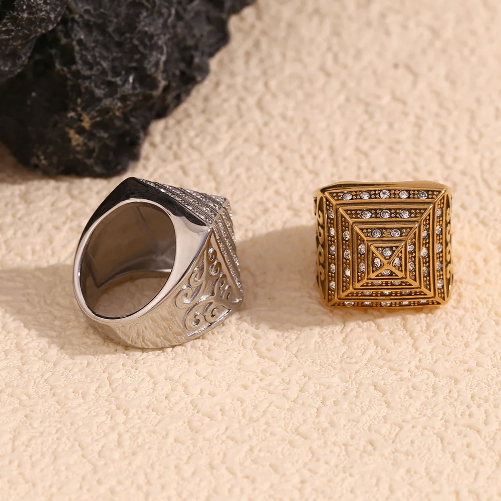 MamacitaSlay New In Vintage Four Story Pyramid Vine Waterproof Men Ring Luxury Stainless Steel Jewelry Man Accessories Gifts