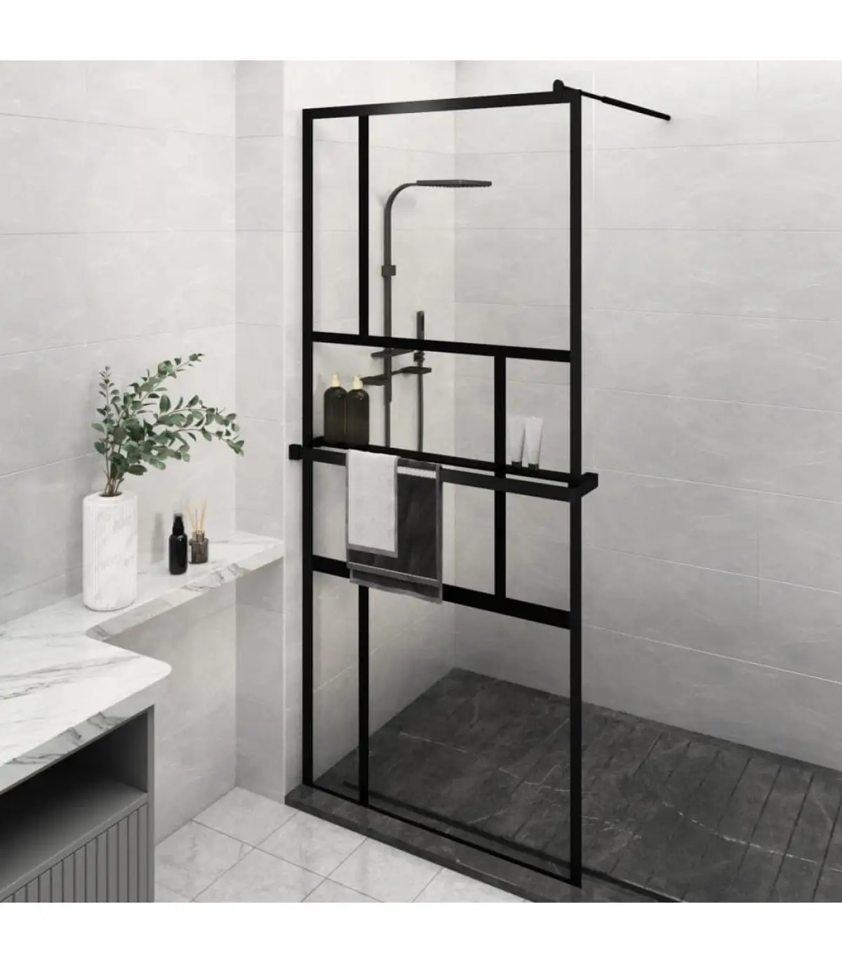 Shower walls and screens ESG glass and black aluminum 100x195cm shower rack