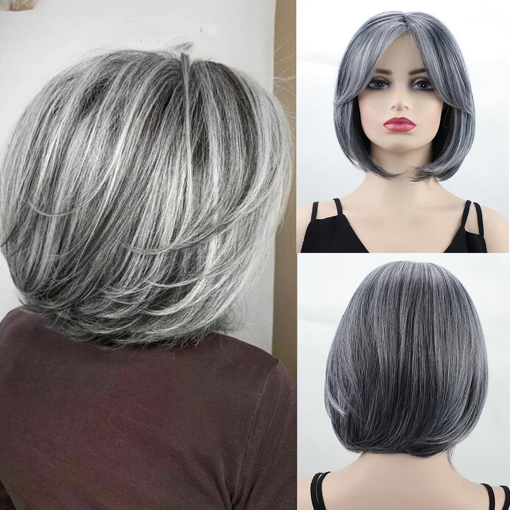 

Fashion Short Straight New Gray Bangs Bob Cut For Older Women Wig