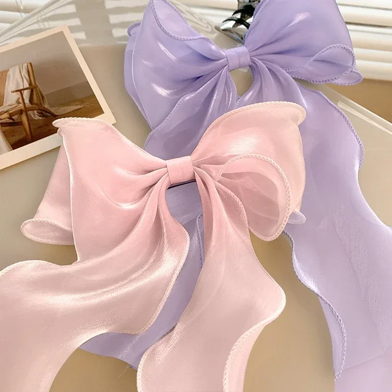 Fashion Chiffon Bow Hair Clips Blue Shining Satin Bowknot Hair Clips Ribbon Bow Barrette Hairpin Grip Ponytail Clip Headwear