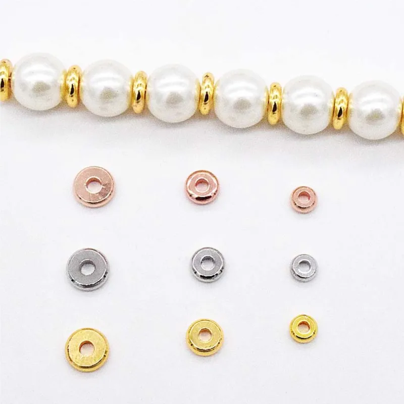 50pcs 18K Real Gold Plated Spacer Beads Metal Flat Round Loose For DIY Bracelet Necklace Jewelry Making Accessories Supplies