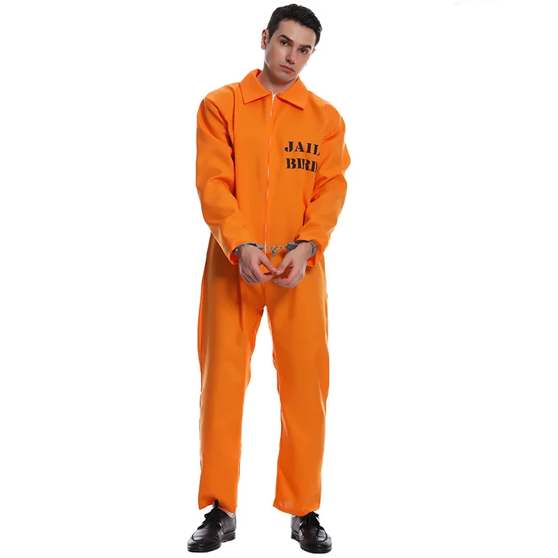 

Adult Men Orange Prisoner Jumpsuit Costume Halloween Jailbird Inmate Onesie Convict Cosplay Bodysuit for Party Dress Up Outfits